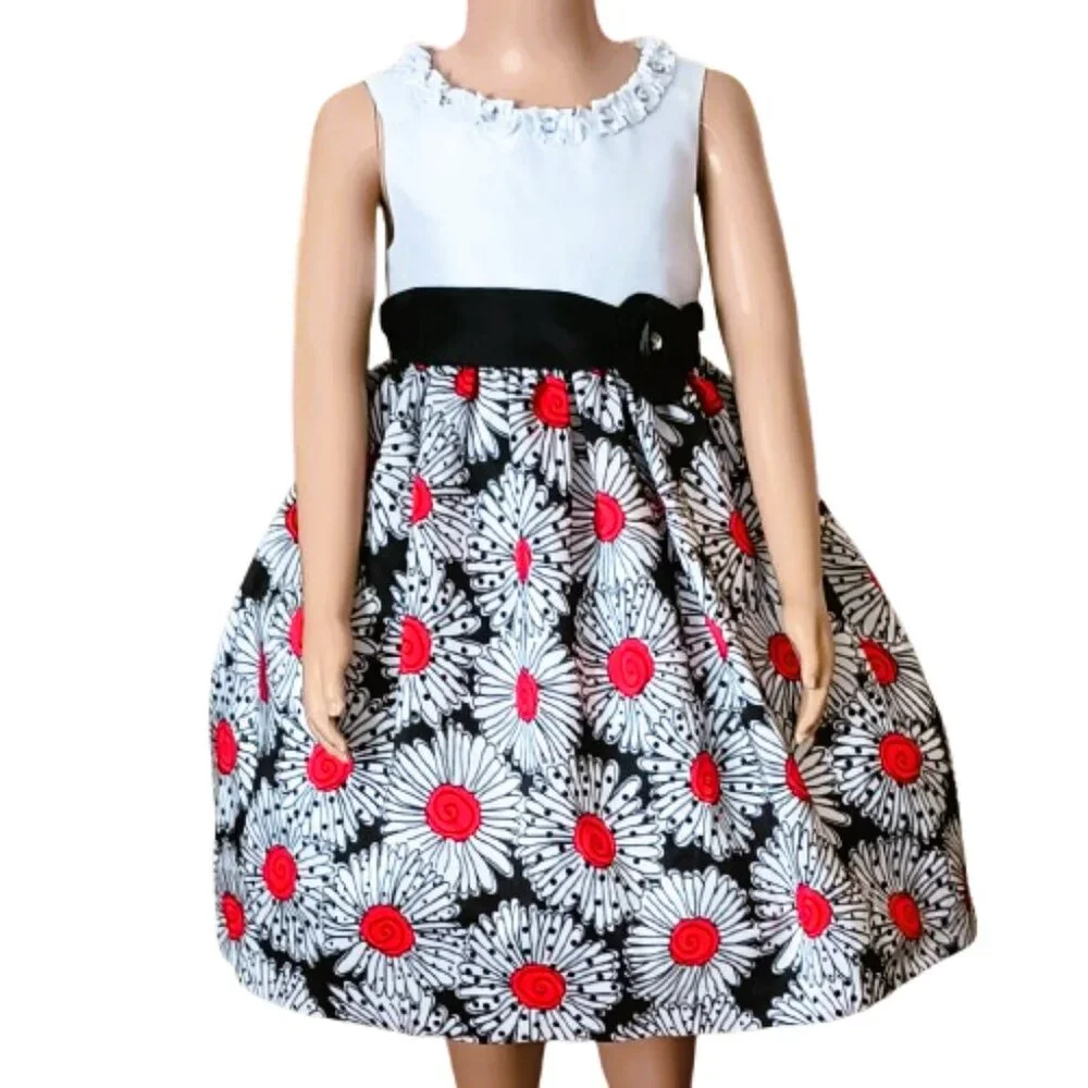 American Princess Floral Dress 5 Girls Sleeveless Red Black Daisy Ruffle Neck
